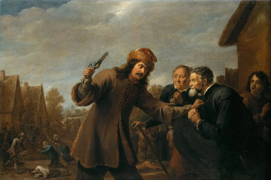 Sotilaat hyökkäävät kylään - David Teniers nuorempi