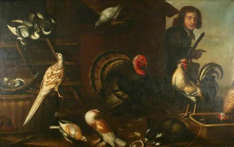Kotieläinbroilerit ja mies - Melchior de Hondecoeter