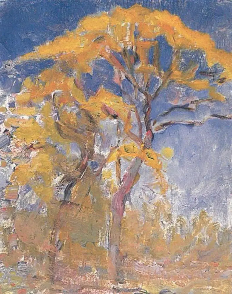 Kaksi oranssilehtistä puuta sinistä taivasta vasten - Piet Mondrian