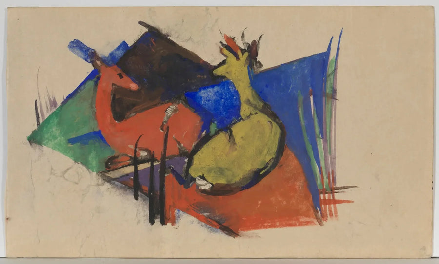 Kaksi makuullaan olevaa hirveä - Franz Marc