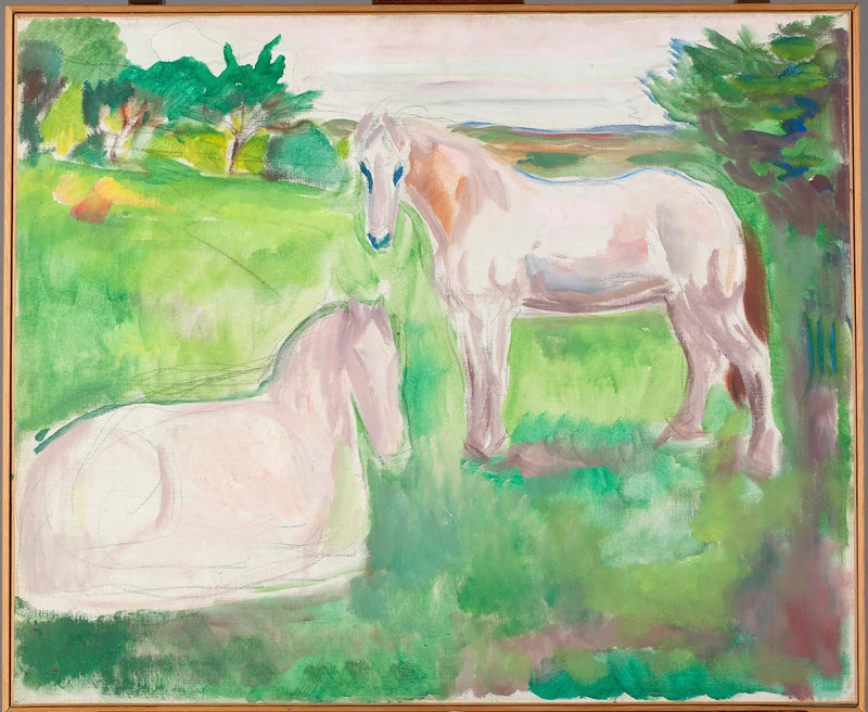 Kaksi valkoista hevosta vihreällä niityllä - Edvard Munch