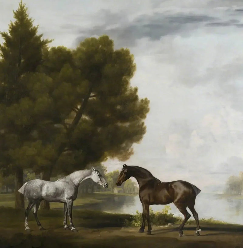 Kaksi hevosta ehtoollisella maisemassa - George Stubbs