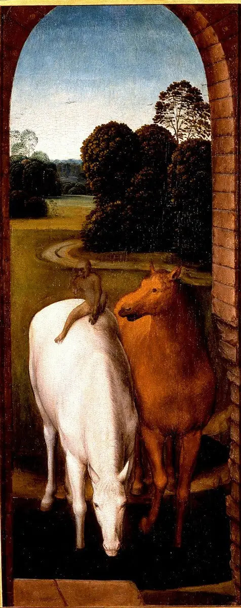 Kaksi hevosta maisemassa - Hans Memling