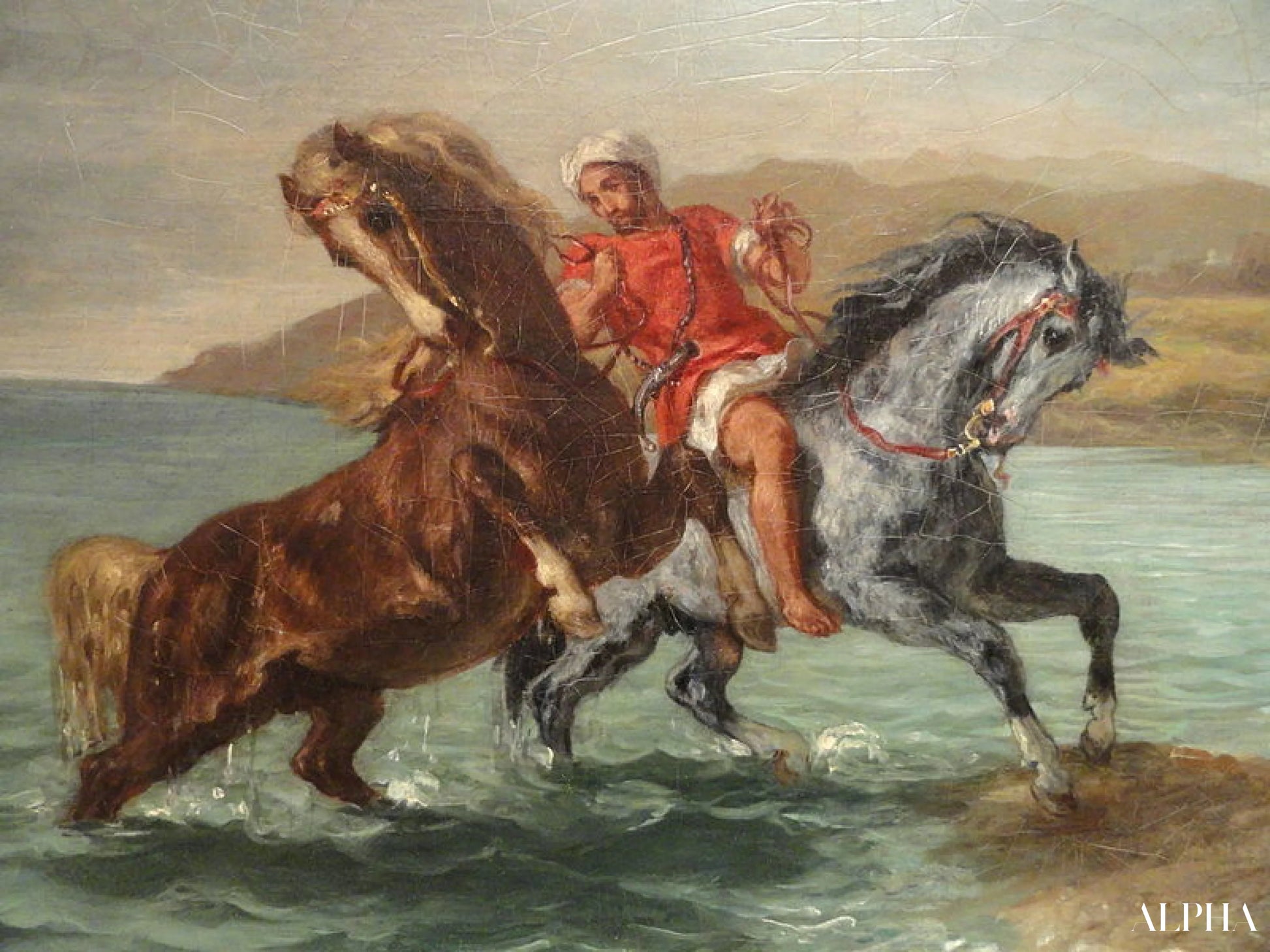 Kaksi hevosta nousee merelle - Eugène Delacroix - Korkealaatuiset taulujen ja maalauksien reproduktiot