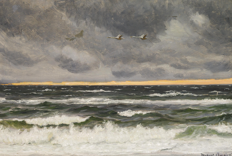 Kaksi joutsenta lentää Pohjanmeren yllä auringonlaskun aikaan. - Michael Peter Ancher