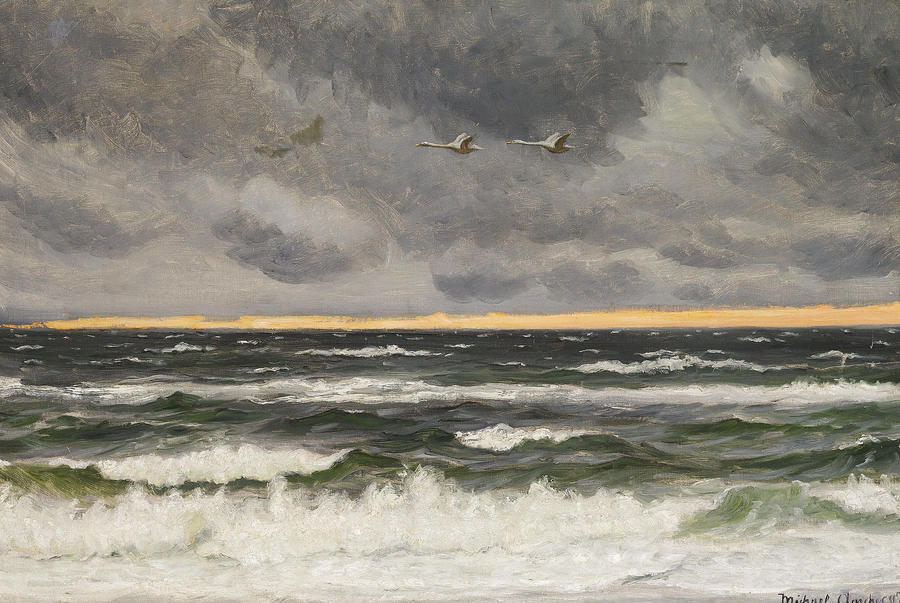 Kaksi joutsenta lentää Pohjanmeren yllä auringonlaskun aikaan. - Michael Peter Ancher