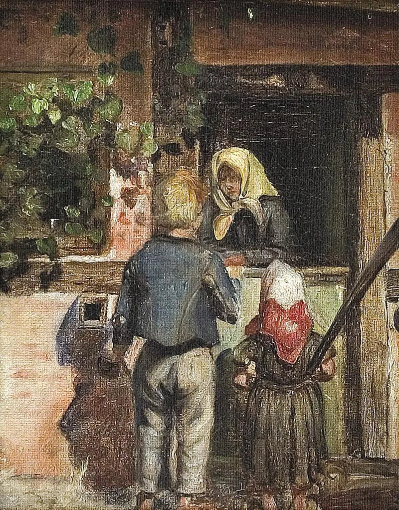 Kaksi lasta ja vanha nainen seisovat oven edessä. - Anna Ancher
