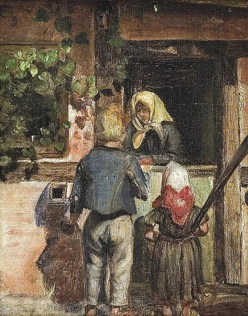 Kaksi lasta ja vanha nainen seisovat oven edessä. - Anna Ancher