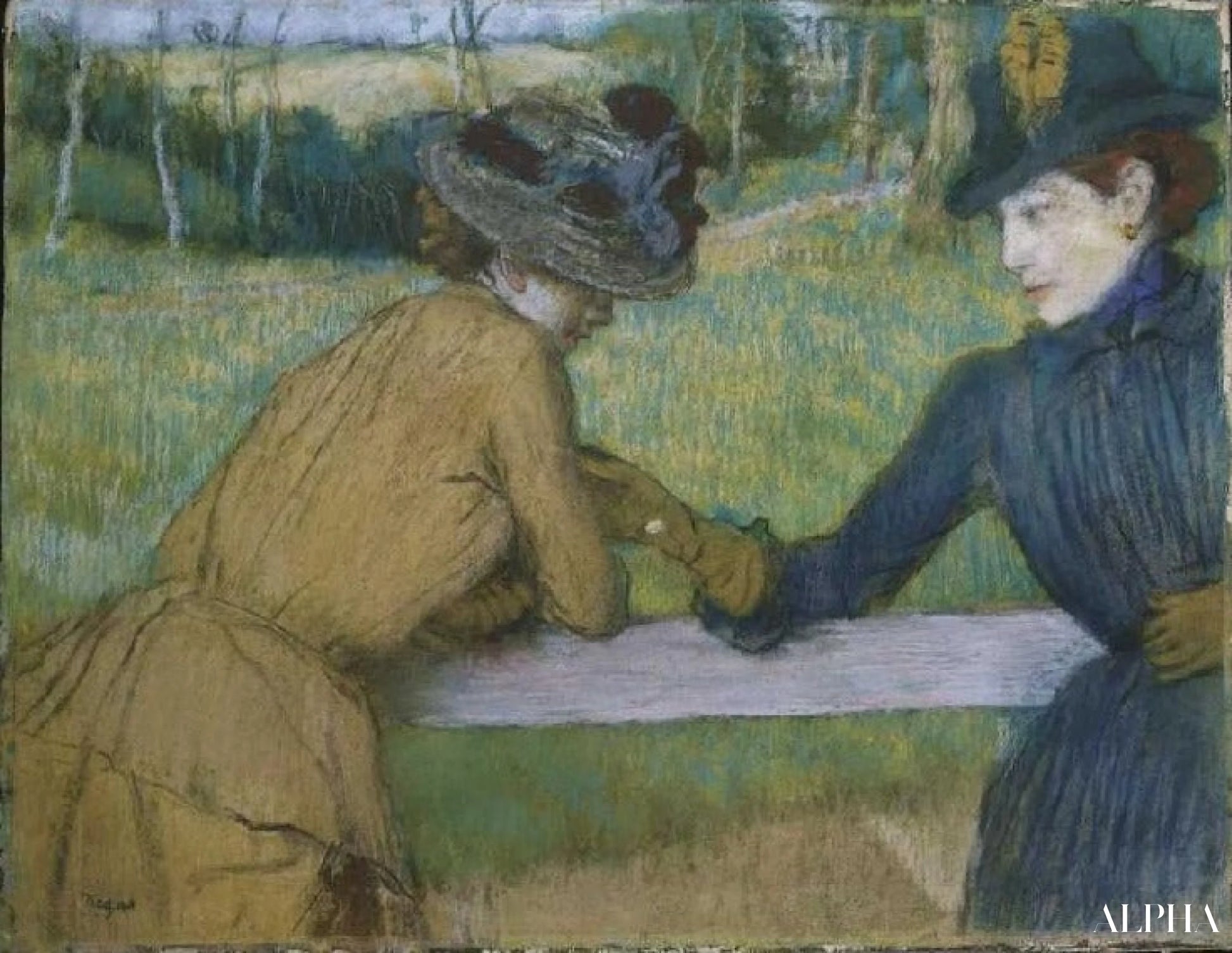 Kaksi naista puhumassa aidan äärellä - Edgar Degas - Korkealaatuiset taulujen ja maalauksien reproduktiot