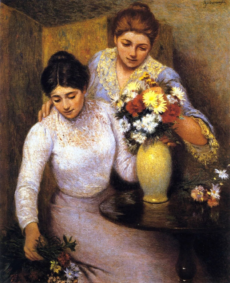 Kaksi tyttöä järjestämässä kukkia - Federico Zandomeneghi