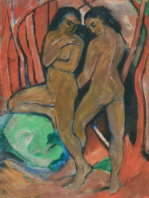 Kaksi alastonta tyttöä seisomassa vihreän kiven kanssa - Franz Marc