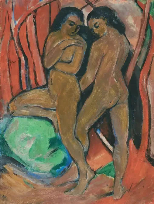 Kaksi alastonta tyttöä seisomassa vihreän kiven kanssa - Franz Marc