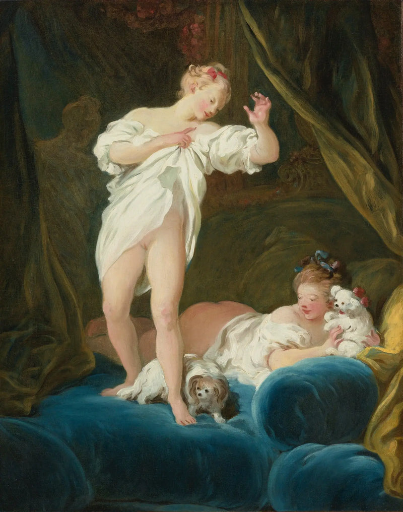 Kaksi tyttöä sängyllä leikkimässä koiriensa kanssa - Jean-Honoré Fragonard