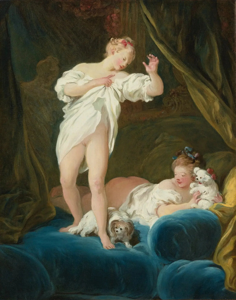 Kaksi tyttöä sängyllä leikkimässä koiriensa kanssa - Jean-Honoré Fragonard