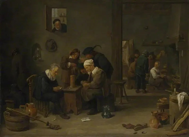 Kaksi miestä pelaamassa korttia ravintolan keittiössä - David Teniers nuorempi