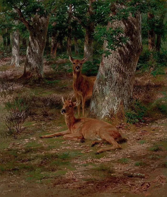 Kaksi nuorta peuraa metsässä - Rosa Bonheur
