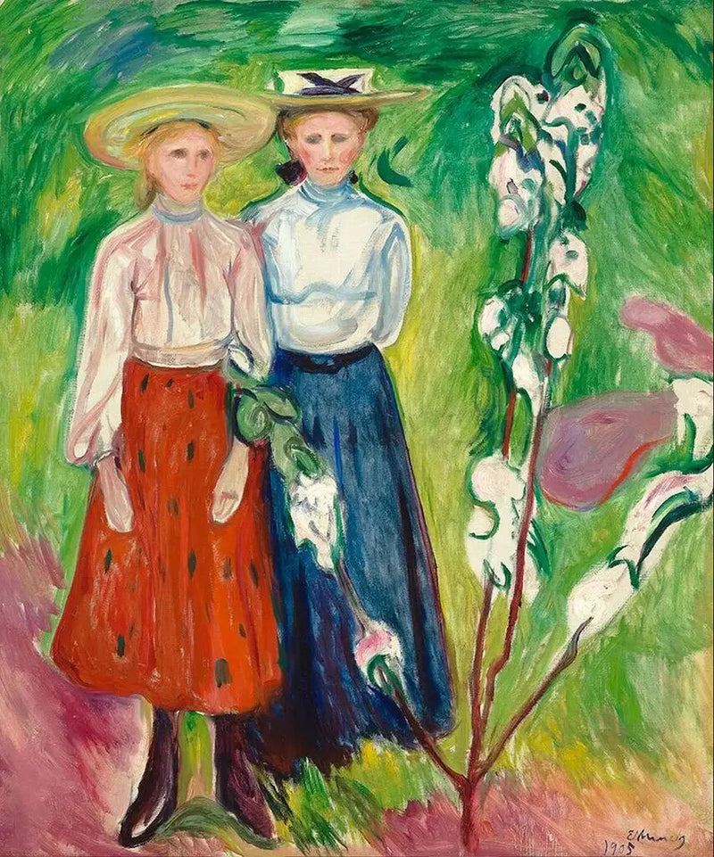 Kaksi nuorta tyttöä puutarhassa - Edvard Munch
