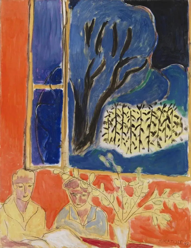 Kaksi nuorta tyttöä korallinvärisessä sisustuksessa, sininen puutarha (Kaksi tyttöä, korallitausta, sininen puutarha) - Henri Matisse