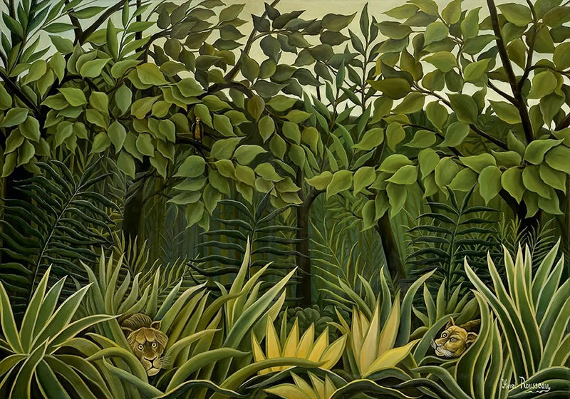 Kaksi leijonaa tarkkailemassa viidakossa - Henri Rousseau