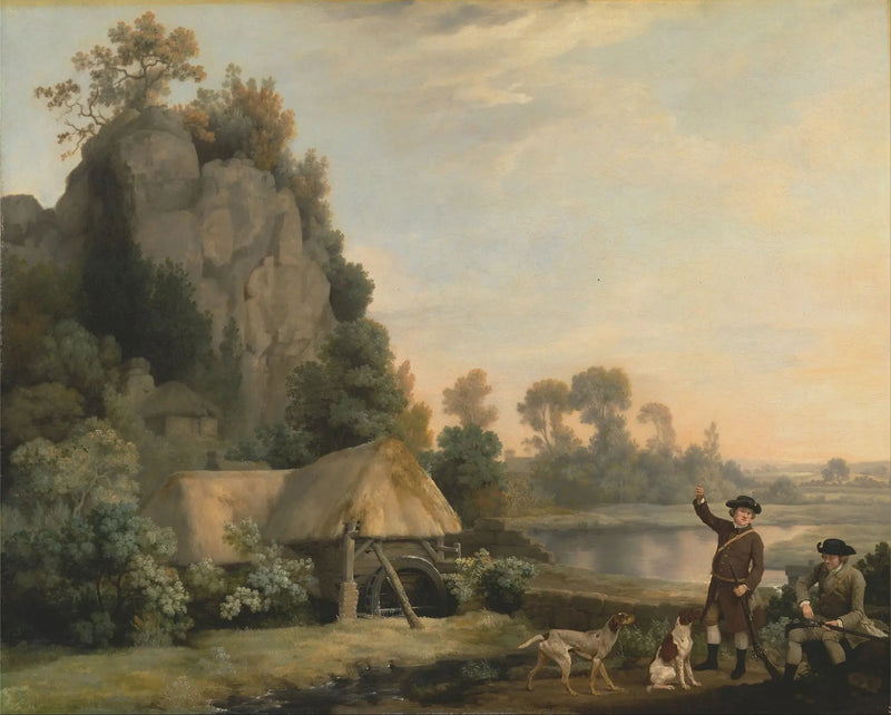 Kaksi herraa lähdössä metsästykseen, näkymä Creswell Cragsiin, otettu paikan päällä - George Stubbs