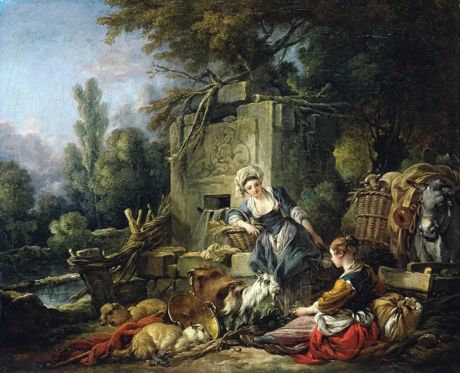 Kaksi maalaisnaista lähellä rustiikkista suihkulähdettä - François Boucher