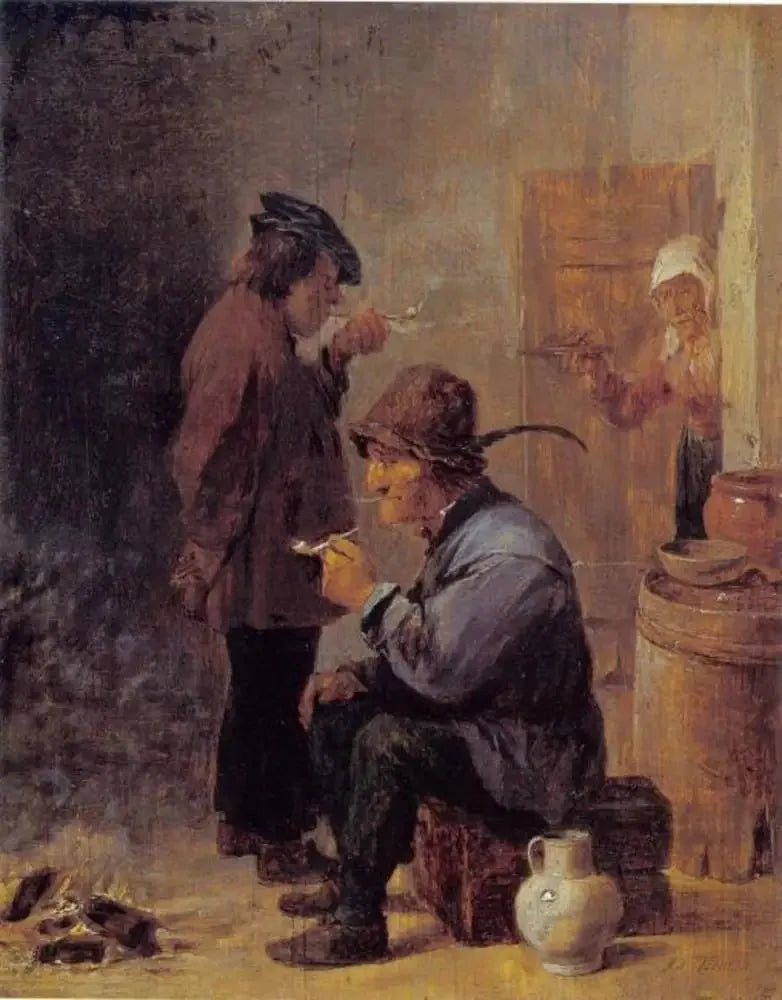 Kaksi maanviljelijää tupakoimassa hiiligrillissä - David Teniers nuorempi