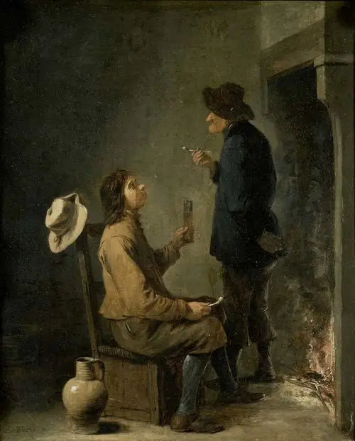 Kaksi tupakoivaa maanviljelijää tulisijan edessä - David Teniers nuorempi