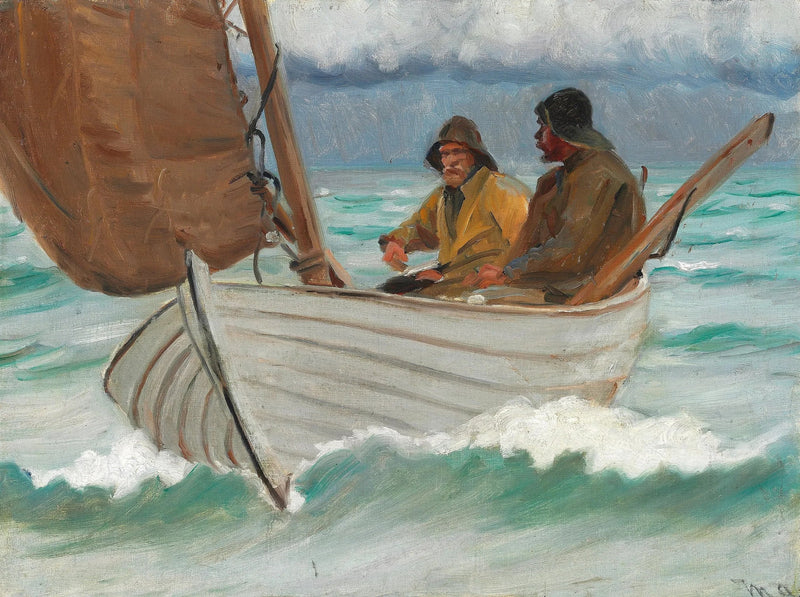 Kaksi skagenilaista kalastajaa purjeveneessä rannikolla. - Michael Peter Ancher