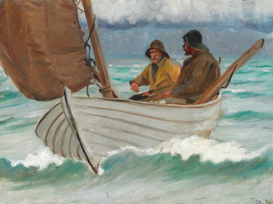Kaksi skagenilaista kalastajaa purjeveneessä rannikolla. - Michael Peter Ancher