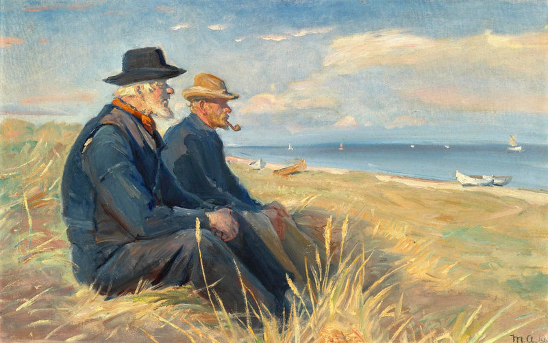 Kaksi skagenilaista kalastajaa istuu iltapäivän auringossa Skagenin rannan dyyneillä ja katselee merta. - Michael Peter Ancher