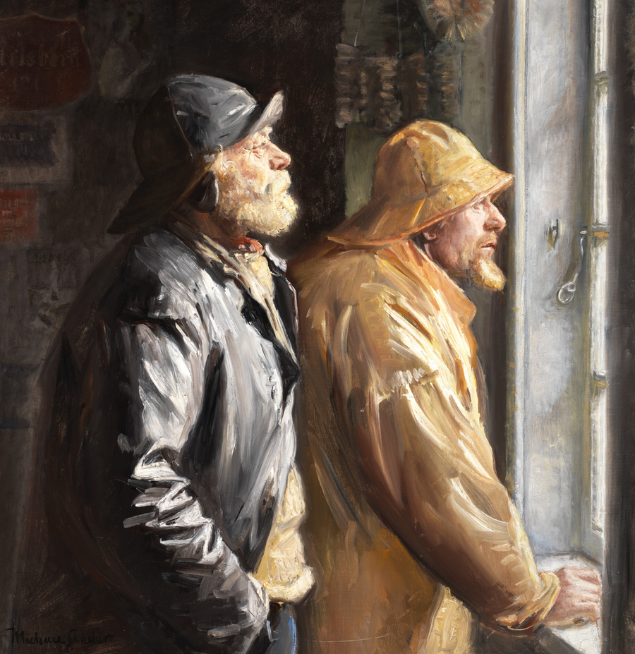 Kaksi Skagen-kalastajaa ruokakaupan tiskillä - Michael Peter Ancher
