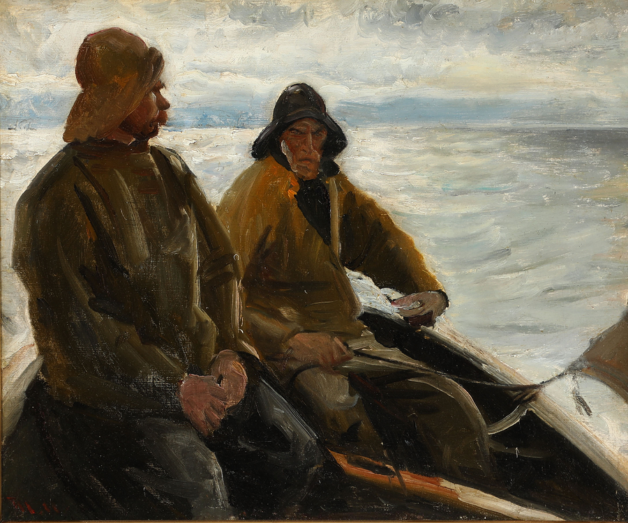 Kaksi skagenilaista kalastajaa soutuveneessä hämärässä. - Michael Peter Ancher