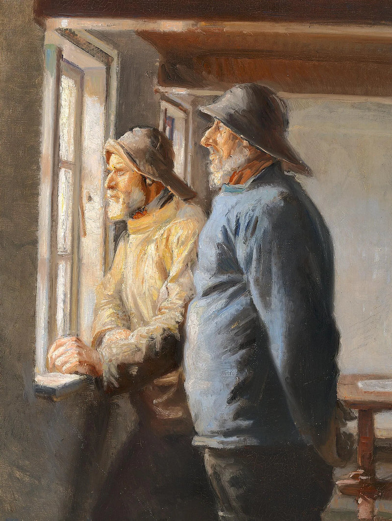 Kaksi skagenilaista kalastajaa katselee ikkunasta merelle. - Michael Peter Ancher