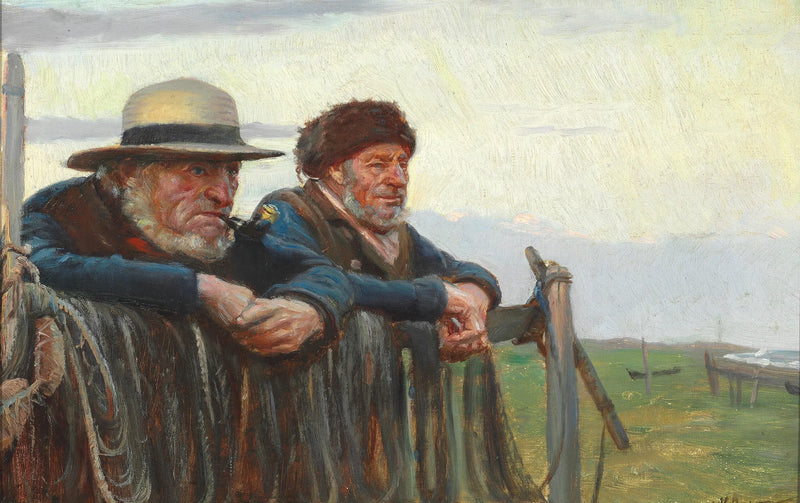 Kaksi kalastajaa tarkkailee merta Skagenin rannalla. -Michael Peter Ancher