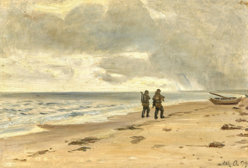 Kaksi kalastajaa rannalla. Harmaa taivas meren yllä. - Michael Peter Ancher