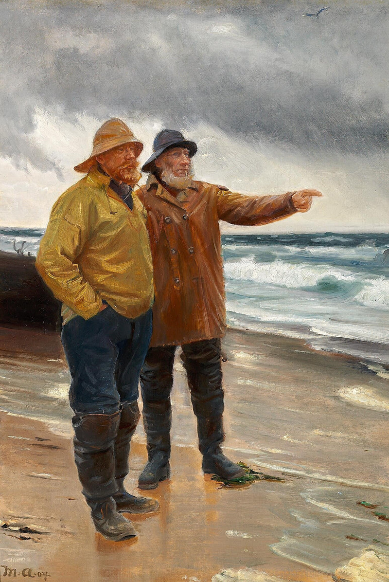 Kaksi kalastajaa rannalla. Toinen heistä osoittaa merta. - Michael Peter Ancher