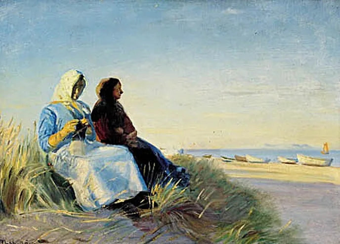 Kaksi kalastajanaista dyynillä Skagen Senderstrandissa. -Michael Peter Ancher