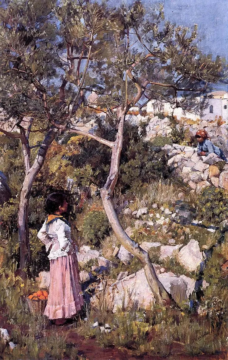 Kaksi pientä italialaista tyttöä lähellä kylää - John William Waterhouse