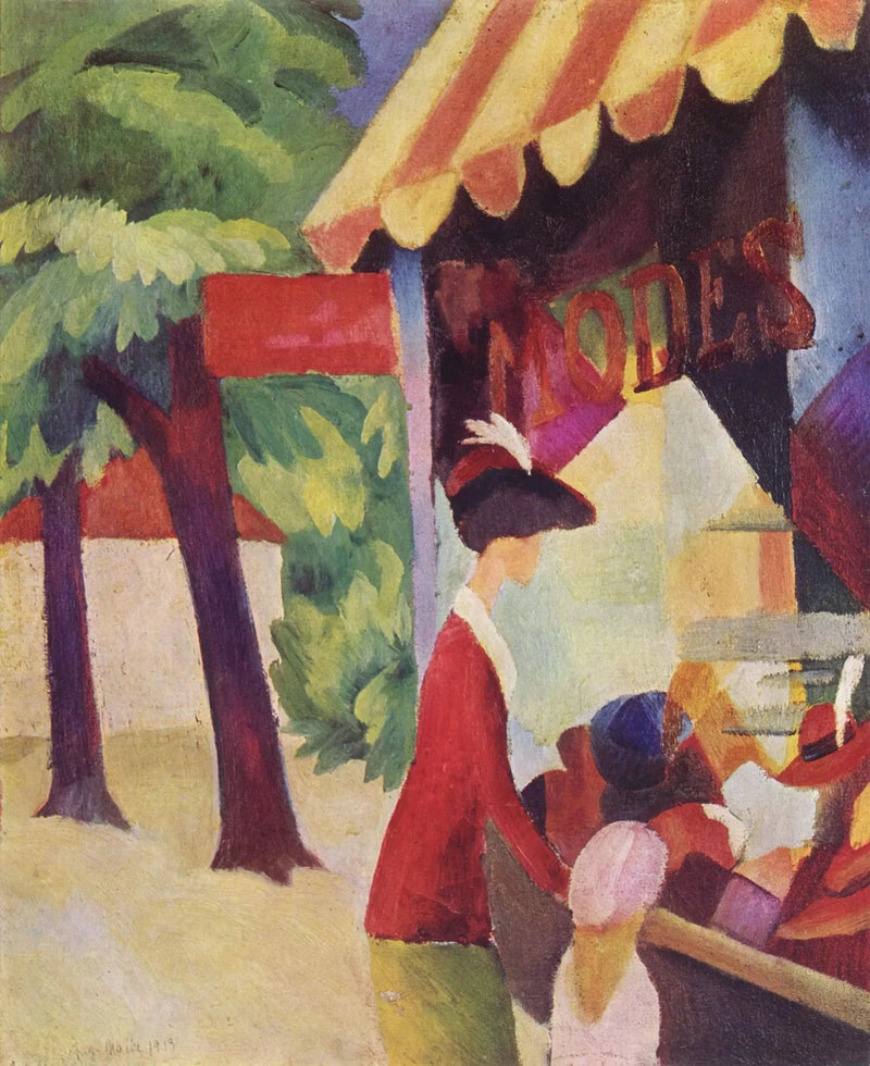 Hattuliikkeen edessä (Nainen punaisessa takissa ja lapsi) - August Macke