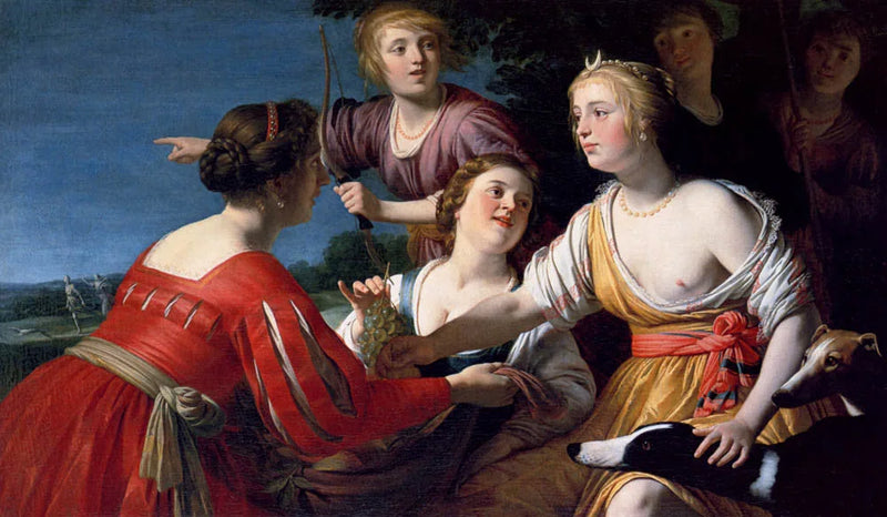 Diane lepää metsästyksen jälkeen, paimentytärten ja kahden saksanpaimenkoiran kanssa, maisema taustalla - Gerrit van Honthorst