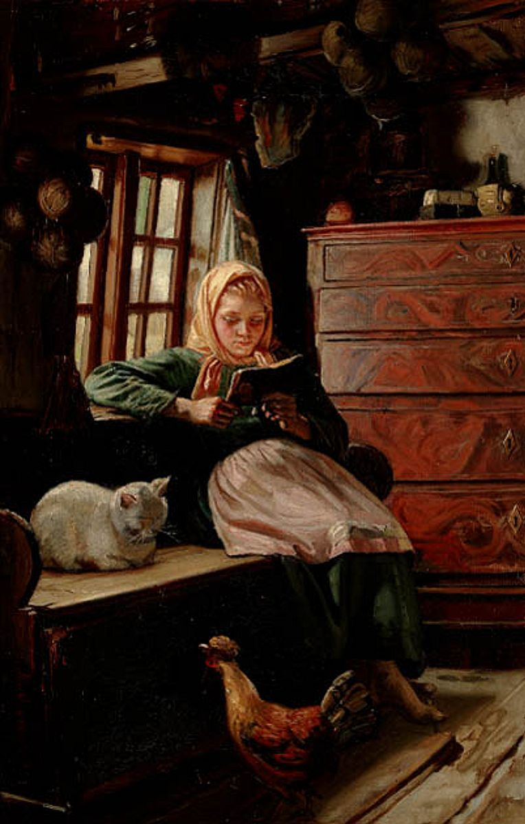 Sunnuntai-iltapäivä kalastajan mökissä. Nuori tyttö lukemassa. - Michael Peter Ancher