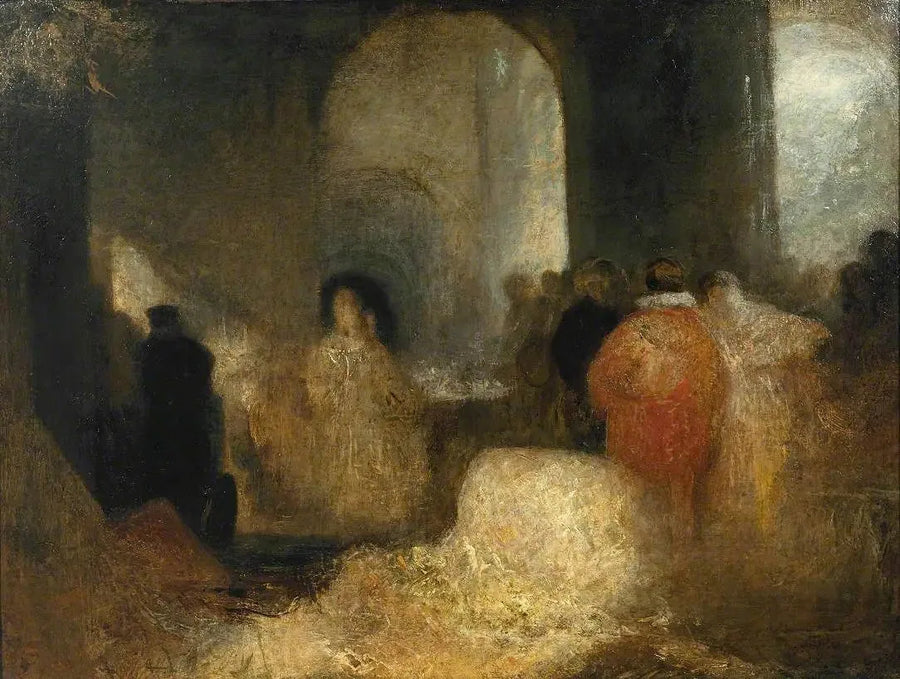 Illallinen suuressa huoneessa pukeutuneiden hahmojen kanssa - J. M. W. Turner
