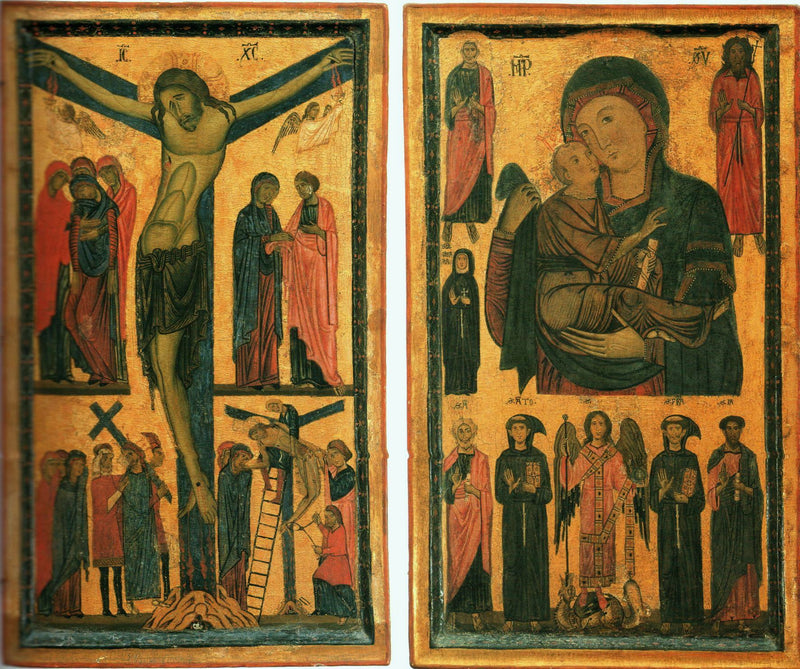 Ristiinnaulitsemisen ja Madonna lapsen ja pyhimysten kanssa Dittico - Bonaventura Berlinghieri