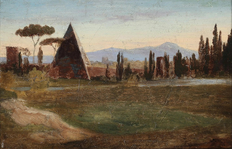 Rooman protestanttinen hautausmaa, jossa Cestiuksen pyramidi ja vuoret taustalla. - H. A. Brendekilde