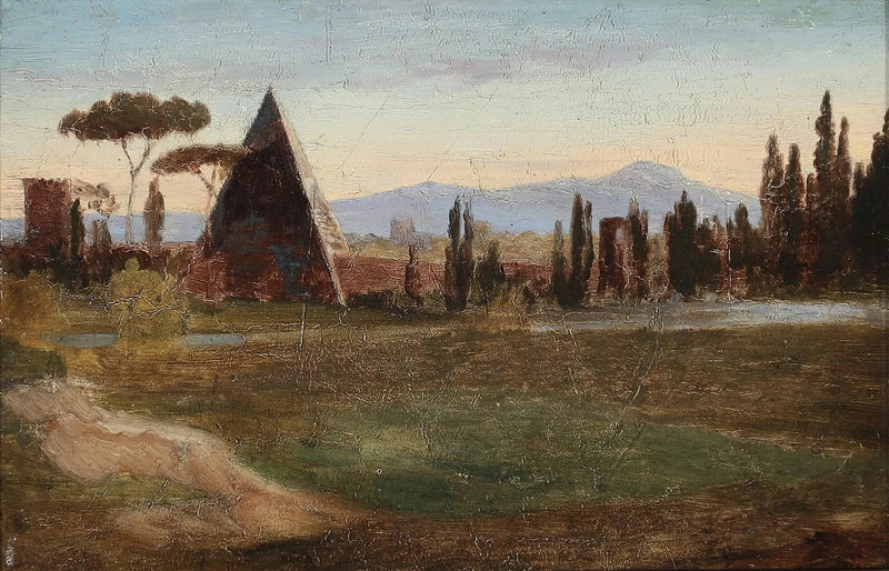 Rooman protestanttinen hautausmaa, jossa Cestiuksen pyramidi ja vuoret taustalla. - H. A. Brendekilde