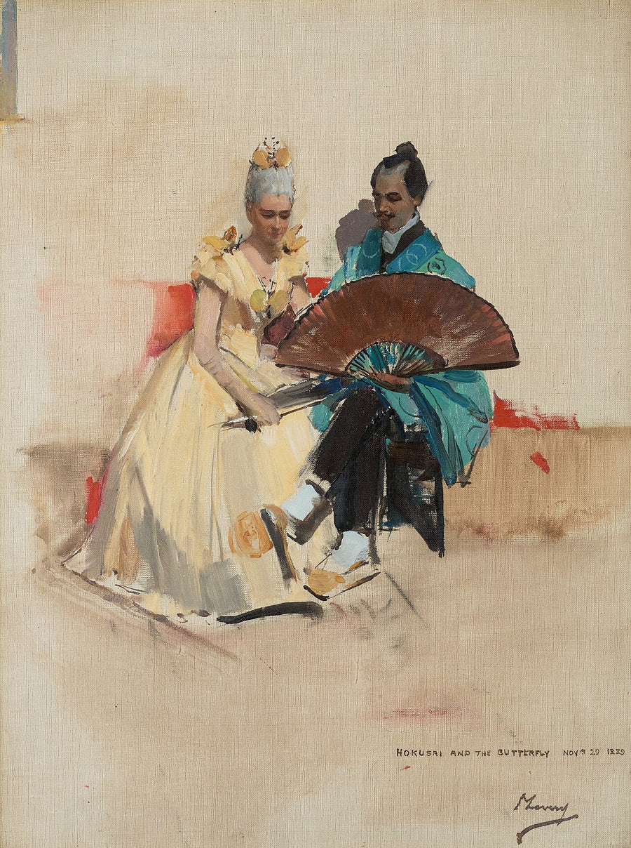Edward Arthur Walton, 1860–1922. Taiteilija (Kihlattunsa Helen Law’n tai Hendersonin, 1859–1945, myöhemmin rouva Edward Arthur Waltonin, kanssa Hokusain ja Perhosen rooleissa) – John Lavery