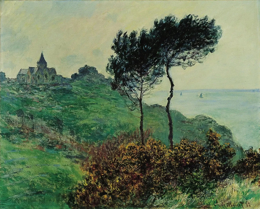 Varengevillen kirkko, harmaa sää - Claude Monet