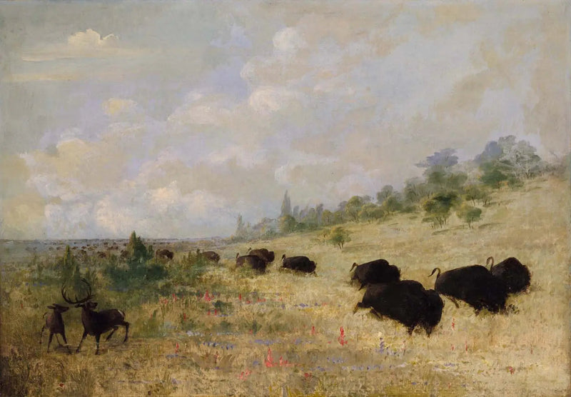 Eläimet ja biisonit laiduntamassa preerian kukkien keskellä, Texas - George Catlin