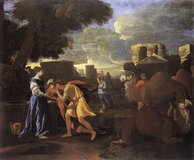 Eliezer ja Rebecca kaivolla tai Rebecca sammuttaa Eliezerin janoa. - Nicolas Poussin