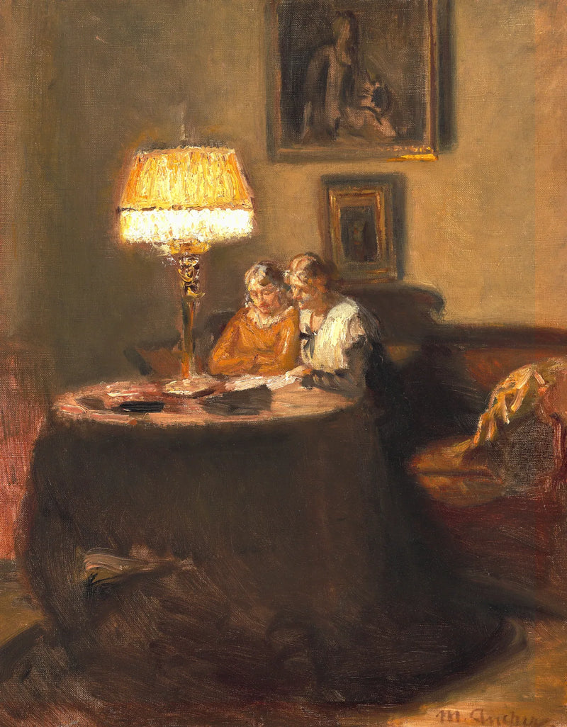 Ella ja Engel lukevat kirjaa pöydän ääressä punaisella sohvalla Michael Ancherin työhuoneessa. - Michael Peter Ancher